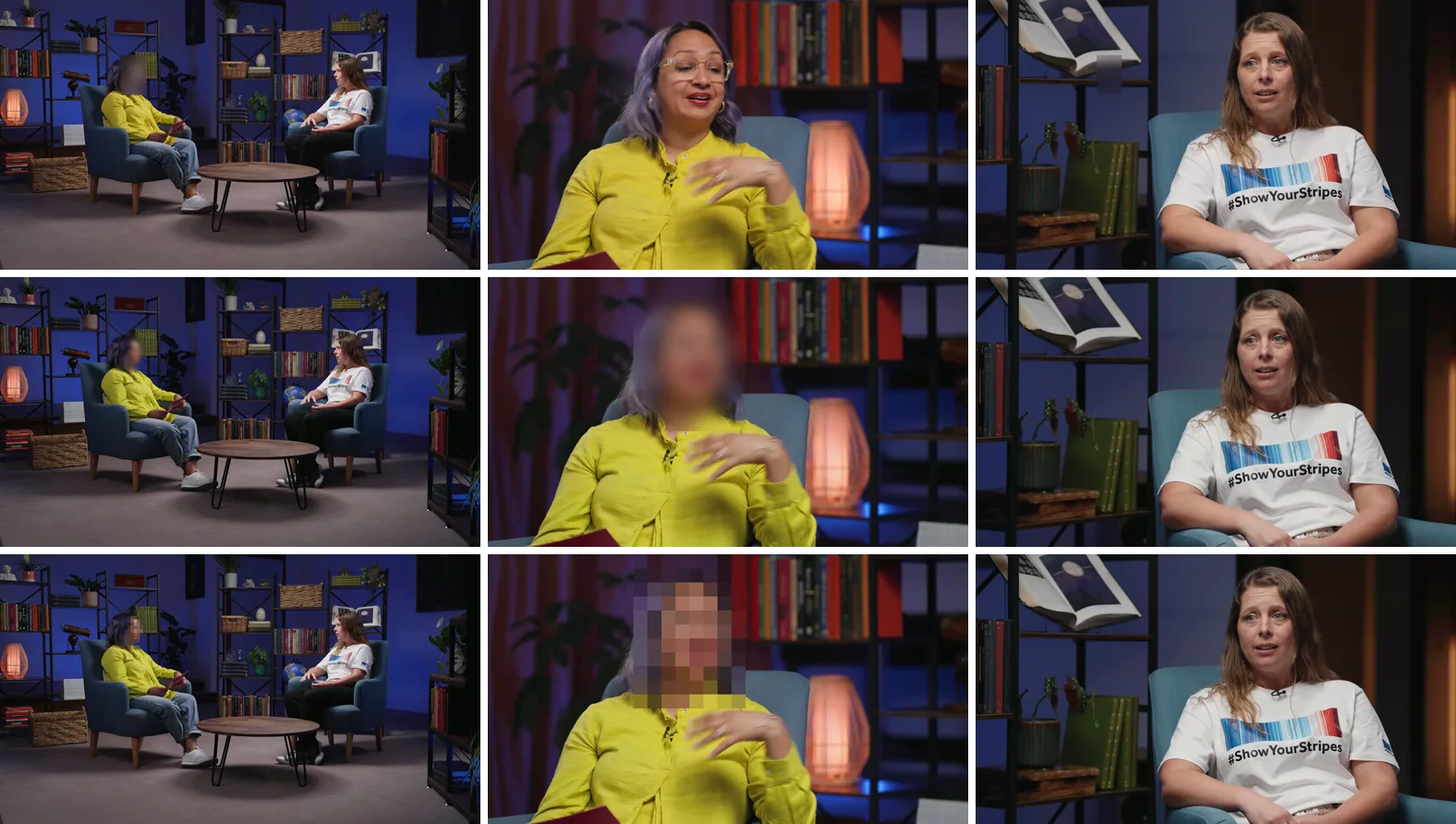 A three-by-three grid. Rows: fixed box, tracked blur, tracked pixelate. Columns: the wide shot at 10 seconds, the interviewer close up at 30 seconds, Hannah close up at 37.4 seconds. The fixed box misses the close-up face and blurs the shelf behind Hannah; both tracked versions cover the interviewer in both shots and leave Hannah's shot untouched.